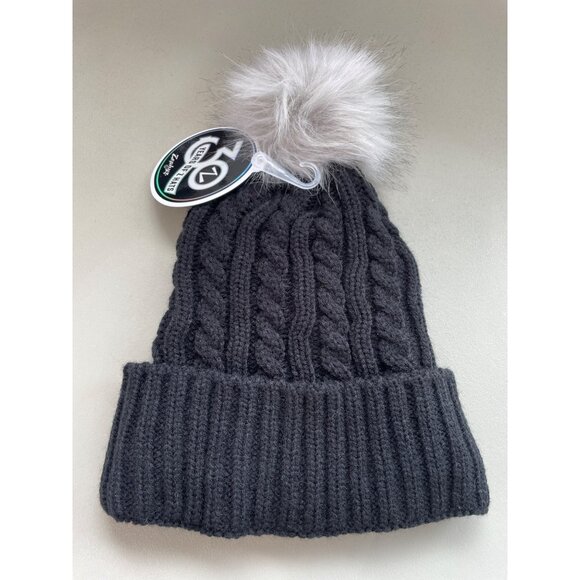 Zephyr K State Wildcats Beanie OS Cable Knit Black with Gray Faux Fur Pompom NEW - Picture 2 of 6